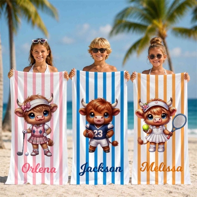 Custom Name Cartoon Sports Highland Cow Character Striped Beach Towel, Microfiber Quick Dry Pool Towel, Vacation Party Favor, Gift for Sports Lovers