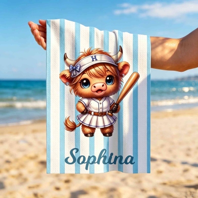 Custom Name Cartoon Sports Highland Cow Character Striped Sweat Towel, Waffle Weave Sports Towel with Hanging Clip, Gift for Sports Lovers/Players