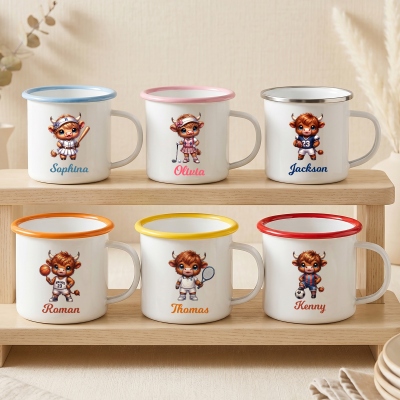 Personalized Name Cartoon Sports Highland Cow Character Enamel Mug, 12oz Cup with Handle, Tin Camping Mug, Birthday Gift for Kids/Sports Lovers