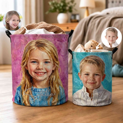 Custom Photo Oil Painting Storage Basket with Name, Waterproof Toy Laundry Hamper with Handles for Nursery Playroom Bedroom, Gift for Kids/Parents