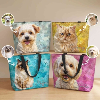 Personalized Oil Painting Pet Portrait Tote Bag with Name, Large Capacity Daily Shopping Shoulder Bag, Birthday Gift for Pet Owners/Lovers/Friends