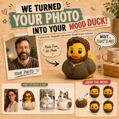 Personalized Photo Mood Duck with 4 Magnetic Heads, Funny Home Decor, Birthday/Christmas Gift for Friend/Family