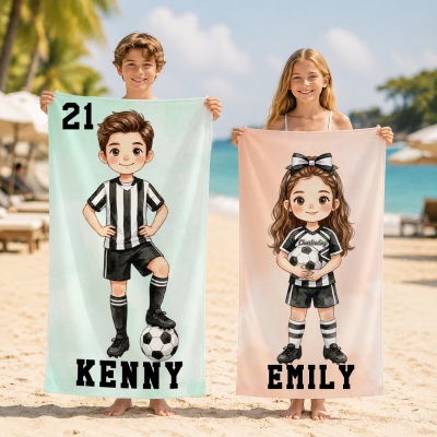 Personalized Kid Photo Cartoon Character Soccer Beach Towel, Microfiber Quick Dry Pool Towel, Summer Vacation Party Favor, Gift for Boys/Girls/Kids