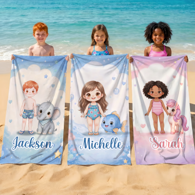 Personalisiertes, übergroßes Strandtuch mit Foto und Cartoon-Motiv, schnelltrocknend, mit Namen, Strand- und Poolparty-/Sommerurlaubs-/Geburtstagsgeschenk für Kinder/Jungen/Mädchen