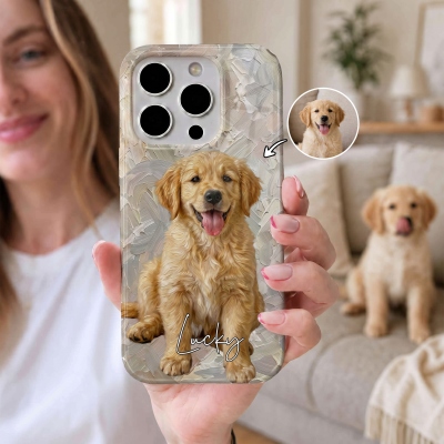 Personalisierte Handyhülle mit Namen und Foto, Ölgemälde-Tierporträt, doppellagige TPU-Hülle für iPhone, Geburtstags-/Gedenkgeschenk für Tierbesitzer/Tierliebhaber