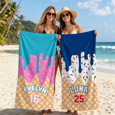Personalized Ice Cream Drip Beach Towel with Name & Number, Microfiber Quick Dry Pool Towel, Summer Vacation Party Favor, Gift for Family/Friends/Kids