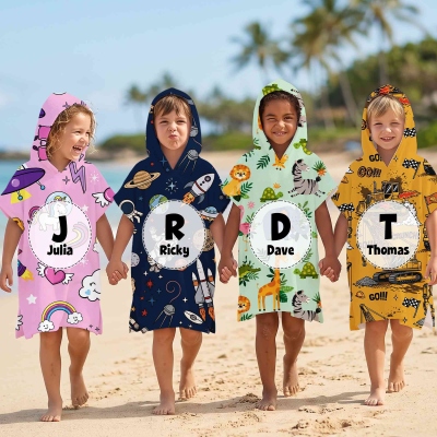 Personalized Alphabet Cartoon Hooded Beach Towel with Name, Microfiber Quick Dry Pool Towel, Summer Vacation Party Favor, Gift for Kids/Boys/Girls