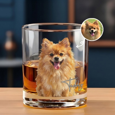 Custom Name & Photo Oil Painting Pet Portrait Whiskey Glass, 10oz Bourbon Old Fashioned Glass, Birthday/Anniversary Gift for Pet Parents/Wine Lovers