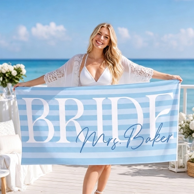 Custom Name Striped Bride Beach Towel, Quick Dry Microfiber Pool Bath Towel, Honeymoon/Bachelorette Party Favor, Vacation/Wedding Gift for Brides