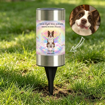 Personalized Name Pet Portrait Rainbow Cloud Memorial Solar Cemetery Light with Years, Yard Garden Decor, Sympathy/Pet Loss Gift for Pet Owners