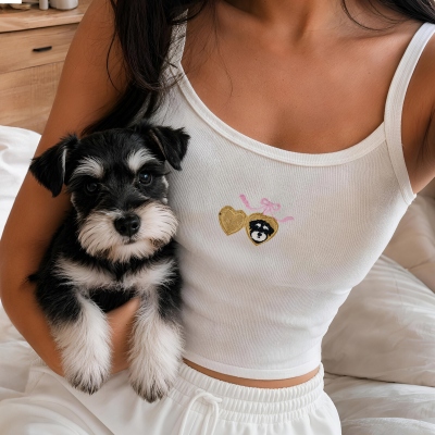 Personalized Pet Portrait Embroidered Heart Bow Tank Top & Pants with Text, Bachelorette Party Loungewear Set, Gift for Brides/Bridesmaids/Pet Lovers