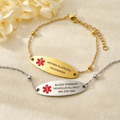 Personalized Engraved Medical Alert Adjustable Bracelet, Stainless Steel Medical ID Emergency Contact Bracelet for Women, Gift for Mom/Wife/Family