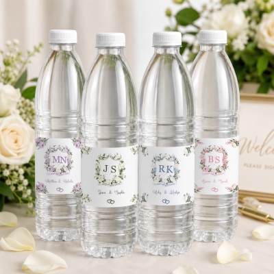 Custom Names Monogram Floral Crest Wedding Water Bottle Labels (Set of 20), Bridal Shower Favor Stickers, Engagement/Wedding Gift for Couple/Newlyweds