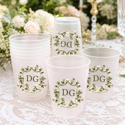Custom Monogram Floral Crest Frosted Cups (Set of 10), 12oz/16oz Plastic Cups, Bridal Party Supplies, Engagement/Wedding Gifts for Couple/Newlyweds