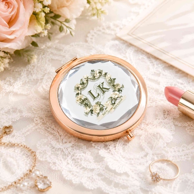 Custom Monogram Floral Crest Travel Makeup Mirror, 1x/2x Magnifying Foldable Compact Mirror, Bridal Shower Favor, Anniversary/Wedding Gift for Brides
