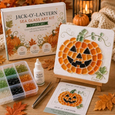 Personalized Halloween Sea Glass Art Set with Name, DIY Mosaic Craft Kit, Spooky Fall Design, Hand‑Made Home Decor, Holiday Gift for Kids/Friends