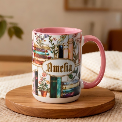 Personallized 3D Effect Stained Glass Floral Bookshelf Mug with Name, 11oz/15oz Ceramic Coffee Mug, Gift for Book Lover Bookworms