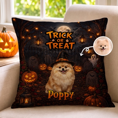 Personalized Photo & Name Pet Witch Trick or Treat Throw Pillow Cover, Dog/Cat Portrait Pillowcase with Optional Insert, Halloween Gift for Pet Lovers