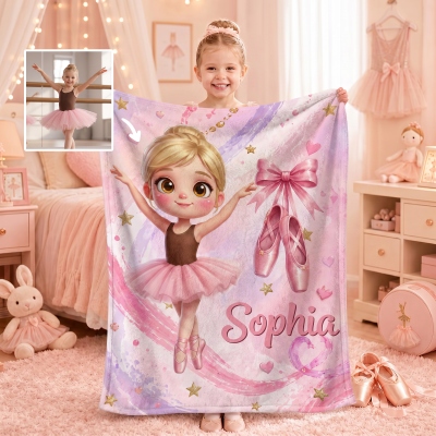 Custom Name & Photo 3D Cartoon Character Little Ballerina with Ballet Slippers Blanket, Flannel/Sherpa Bed Couch Throw, Gift for Girls/Ballet Lovers