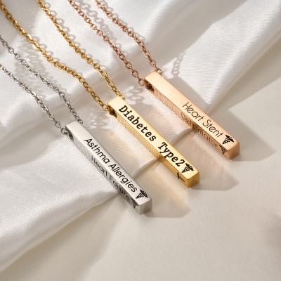 Personalized Engraved Medical Alert 4 Sides Bar Necklace, Medical ID Emergency Contact Jewelry, Birthday/Anniversary Gift for Her/Women/Patients
