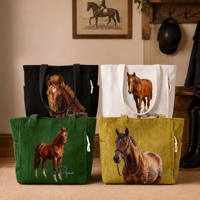 Custom Name Oil Painting Horse Portrait Corduroy Tote Bag, Large Capacity Handbag with Pockets, Birthday/Memorial Gift for Horse Lovers/Equestrians
