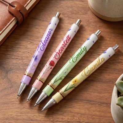 Personalized Name Birth Flower Book Design Gel Pen, Retractable Ballpoint Pen, Birthday/Graduation/Back to School Gift for Students/Teachers/Women