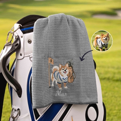 Custom Embroidered Pet Portrait Golf Towel with Name, Multicolor Waffle Weave Sports Towel with Carabiner Clip, Gift for Golf Lovers/Pet Parents