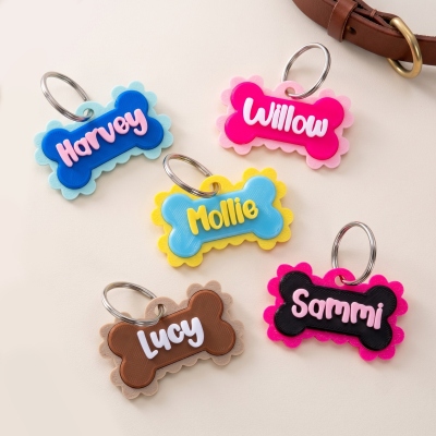 Personalized 3D Printed Scalloped Bone Shape Pet Tag with Name, Multicolor Dog ID Keychain for Collar, Birthday/Adoption Gift for Pet Parents/Owners