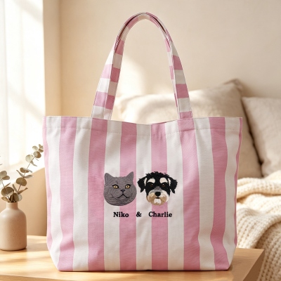 Personalized 1-3 Pet Portraits Embroidery Striped Tote Bag with Names, Multicolor Canvas Shoulder Bag, Birthday/Anniversary Gift Pet Parents