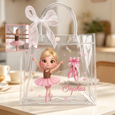 Custom Name Photo 3D Cartoon Little Ballerina Character Gift Bag with Bow Ribbon, PVC Clear Dance Recital Tote, Birthday Gift for Girls/Ballet Lovers