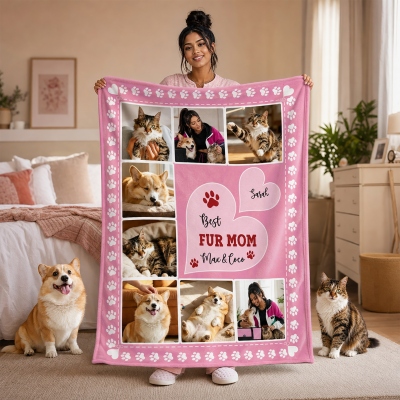Personalized Pet Photos Heart Paw Print Design Blanket with Name, Flannel/Sherpa Dog Cat Photo Grid Throw for Bed Couch, Gift for Pet Parents/Owners