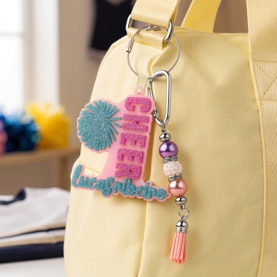 Custom Name Glitter Bow/Pom Pom/Megaphone Charm Cheer Keychain with Tassel, Backpack Name Tag, End of Season/Birthday Gift for Cheerleaders/Teammates