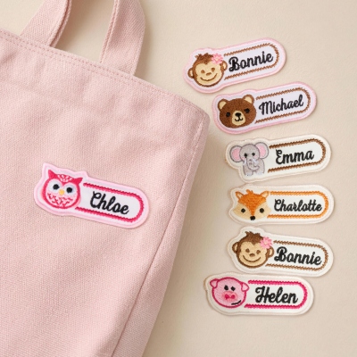 Personalized Embroidered Cartoon Animal Name Patches (Set of 2), Iron‑on/Velcro ID Applique Labels, Birthday/Back to School Gifts for Kids/Boys/Girls