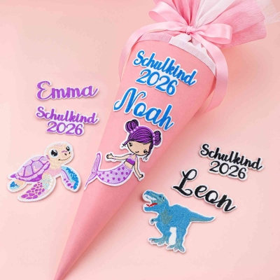 Personalized Embroidered Schulkind Name Patches with Year, Iron on Mermaid/Dinosaur/Turtle/Rainbow Applique Labels, Back to School Gift for Children