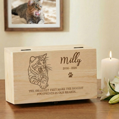 Personalized Name Pet Portrait Engraved Memory Box with Year & Text, Wooden Storage Keepsake Box, Pet Loss/Sympathy/Memorial Gift for Pet Owners