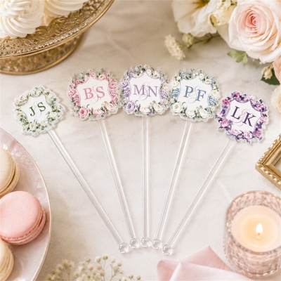 Personalized Monogram Watercolor Floral Crest Acrylic Drink Stirrers (Set of 10), Bridal Shower Decors, Engagement/Wedding Gifts for Couple/Newlyweds