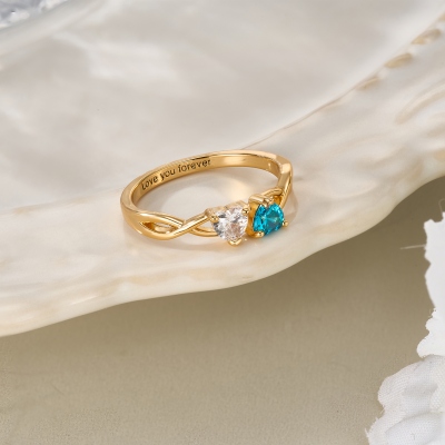 Custom Engraved Two Heart Birthstones Intertwined Infinity Ring, Dainty Promise Ring, Birthday/Anniversary/Valentine’s Day Gift for Her/Wife/Couple