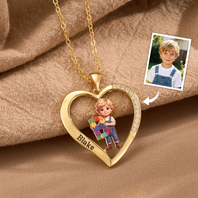 Personalized Photo Autism Awareness Heart Alphabet Necklace, Cartoon Puzzle Portrait Pendant, Anniversary/Birthday Gift for Autism Family/Kids/Parents