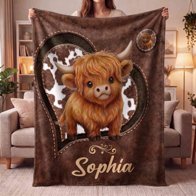 Personalized Heart Highland Cow Blanket with Name, Flannel/Sherpa Bed Couch Throw, Home Decor, Birthday Gift for Her/Mom/Family/Highland Cow Lovers