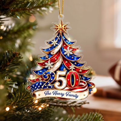 Custom Family Name Snowflake Stars and Stripes USA 250th Anniversary Christmas Tree Ornament, Patriotic Holiday Decor, Christmas Gift for Americans