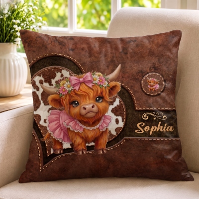 Personalized Heart Highland Cow Throw Pillow Cover with Name, Pillowcase with Optional Insert, Birthday Gift for Her/Mom/Family/Highland Cow Lovers