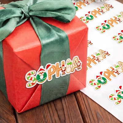 Custom Name Cartoon Christmas Theme Letters Stickers, Holiday Gift Box/Treat Bag Labels, Greeting Card Decals, Christmas Gifts for Kids/Family/Friends