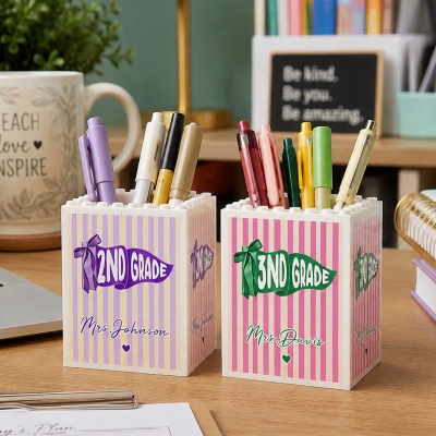 Custom Name & Grade Bow Pennant Flag Striped Building Blocks Pencil Holder, Office Pen Stand, Desk Organizer, Back to School Gift for Teachers