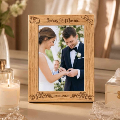 Custom Engraved Name & Date Bow Ring Floral Design Wooden Photo Frame, Home Decor, Housewarming/Wedding/Anniversary Gift for Bride & Groom/Couple