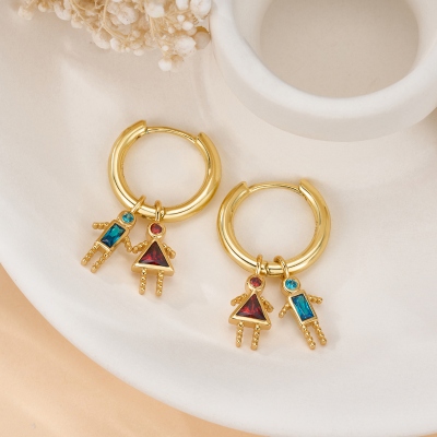 Personalized 1-5 Kid Charms Dangle Earrings with Birthstones, Women’s Dainty Huggie Hoop Earrings, Birthday/Mother’s Day Gift for Wife/Mom/Grandma