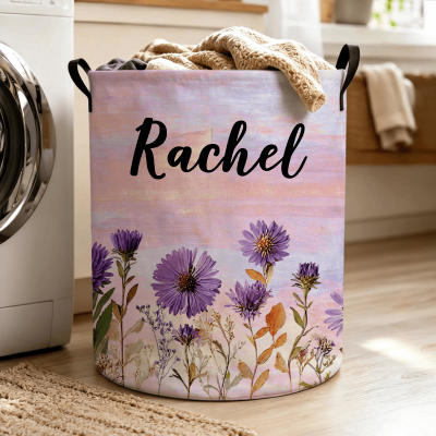 Personalized Name Watercolor Birth Flowers Storage Basket with Handles, Large Capacity Laundry Basket, Birthday/Mother’s Day Gift for Mom/Wife/Grandma
