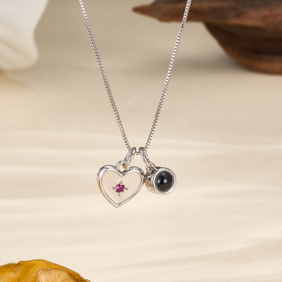 Custom Engraved Heart Photo Projection Necklace with Birthstone, Picture Inside Memorial Jewelry, Anniversary/Valentine’s Day Gift for Her/Couple