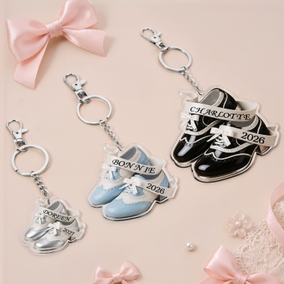 Custom Name & Year Tap Dance Shoes Keychain, Vintage Bow Ribbon Oxford Shoes Keyring, Acrylic Bag Charm, Dance Recital/Birthday Gift for Tap Dancers
