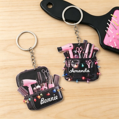 Personalized Name Colorful Lights Hair Tools Salon Bag Keychain, Hair Dryer Scissors Combs Charm Acrylic Keyring, Gift for Hairstylists/Hairdressers
