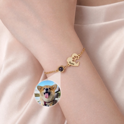 Custom Name Heart Paw Pet Photo Projection Bracelet, Pet Picture Inside Adjustable Bracelet, Pet Memorial Jewelry, Birthday/Sympathy Gift for Pet Mom